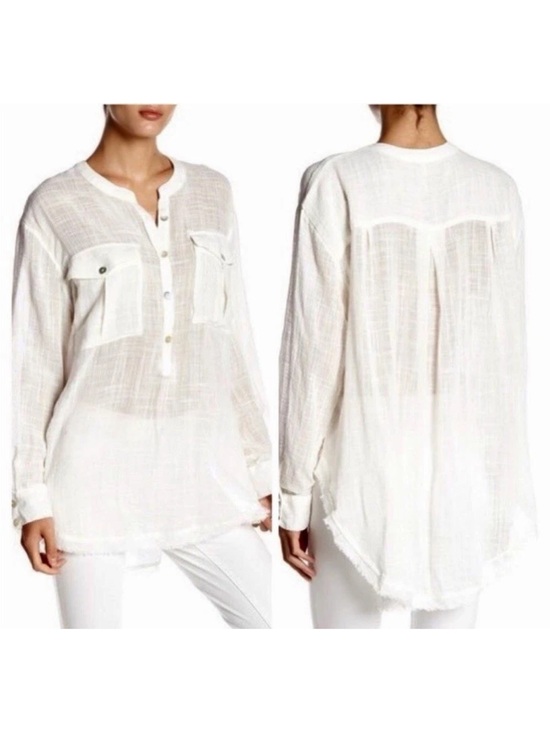 Free People Tops - Free People Size Medium M Talk To Me Half Button Up Fray Hem Top White